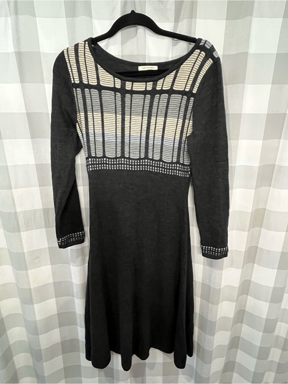 Artigiano Black Long-Sleeve Knit Dress with Cream and Light Gray Yoke